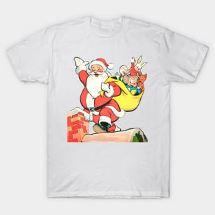 Santa Claus with his friends on the roof by the fireplace at Christmas Retro Vintage Comic Cartoon T-Shirt